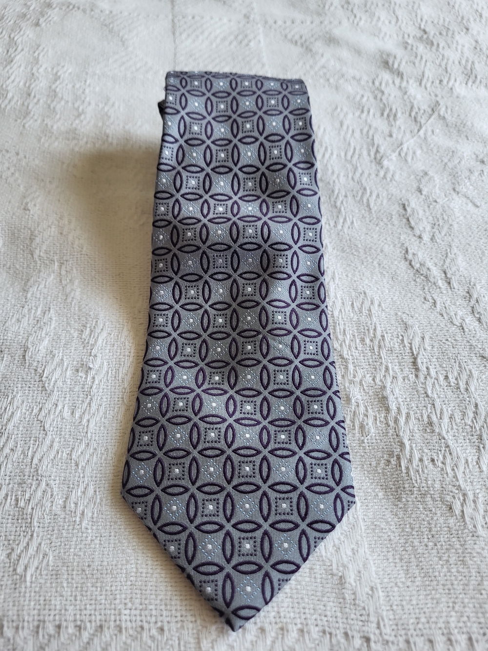 Balmain Geometric Pattern Silk Tie - Gray with Purple And Light Blue Accents